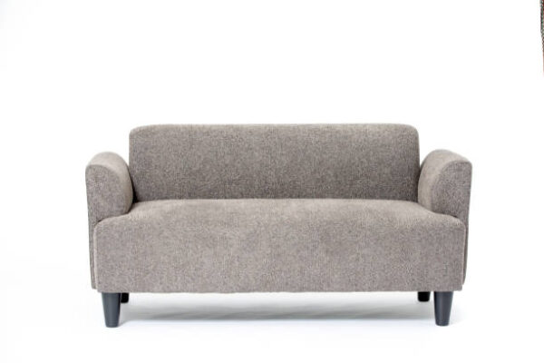 A grey cozy flannel loveseat sofa isolated on white background.
